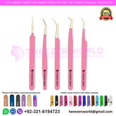 5 Pcs Powder Coated Pink Handle With Gold Fiber Tip Eyelash Extension Tweezers Set